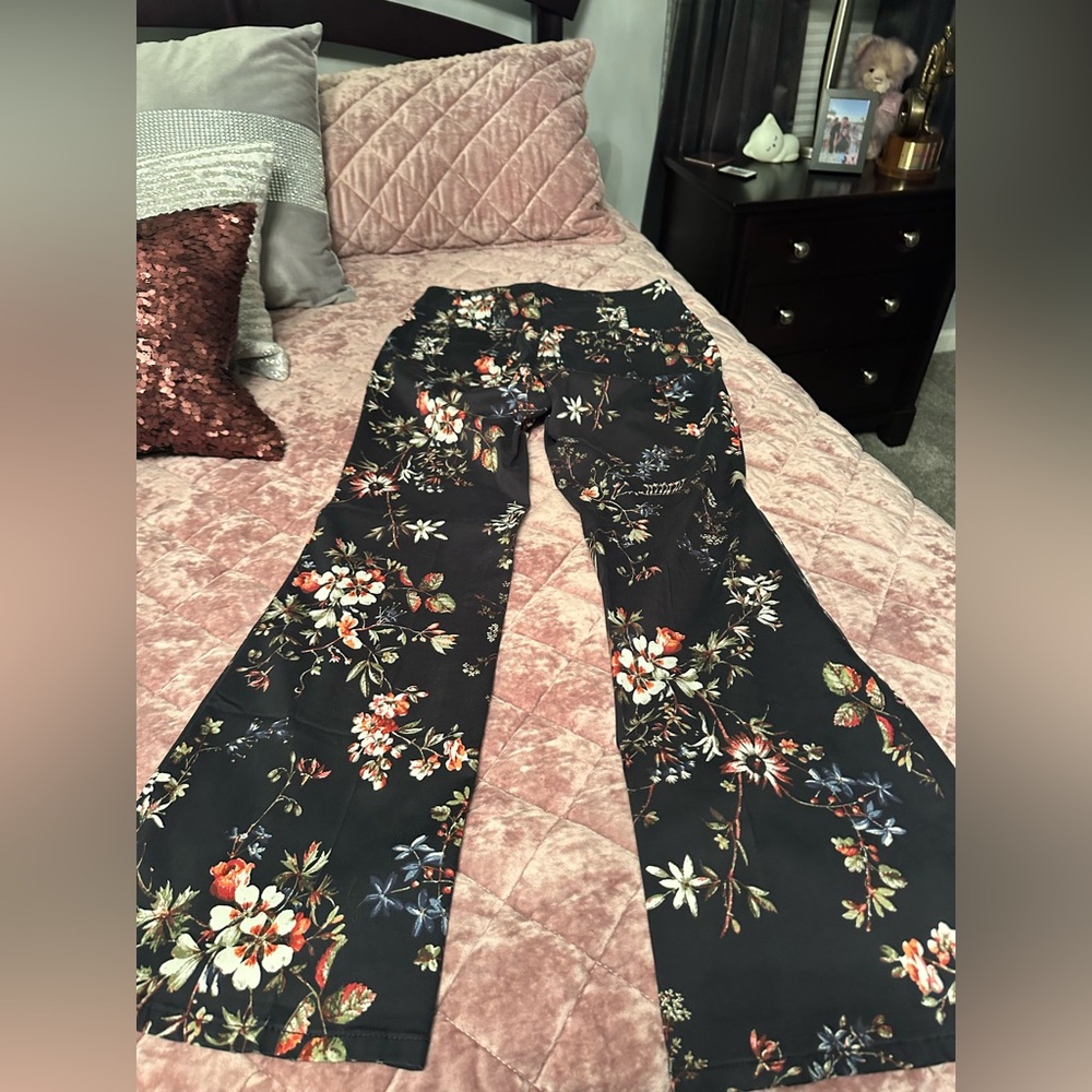 Anthropologie Black Floral Boot-Cut Pants
